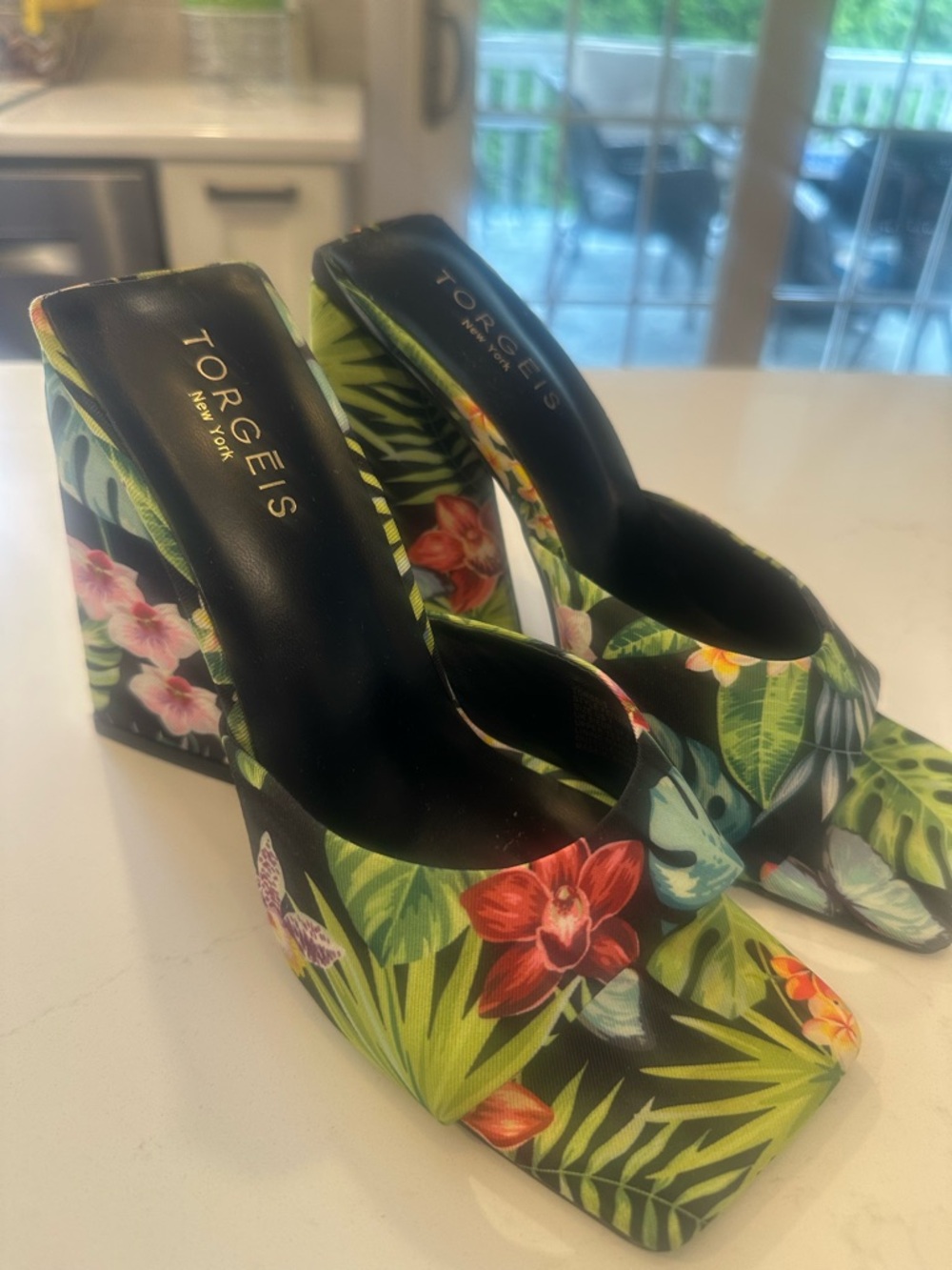 Nordstrom Tropical Floral Wedge Mules - Black with Green & Red Accents